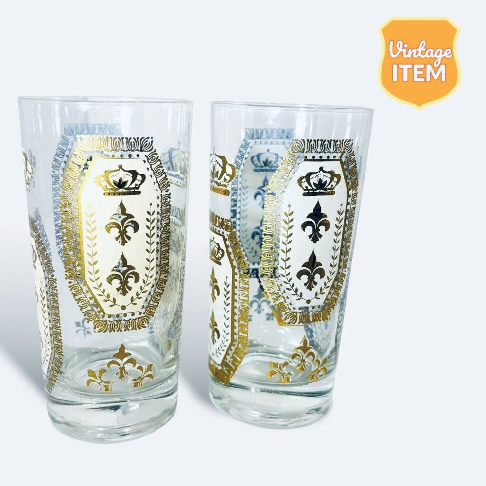 Vintage Highball Tumblers Gold Crown Fleur Di Lis. Set of Two.